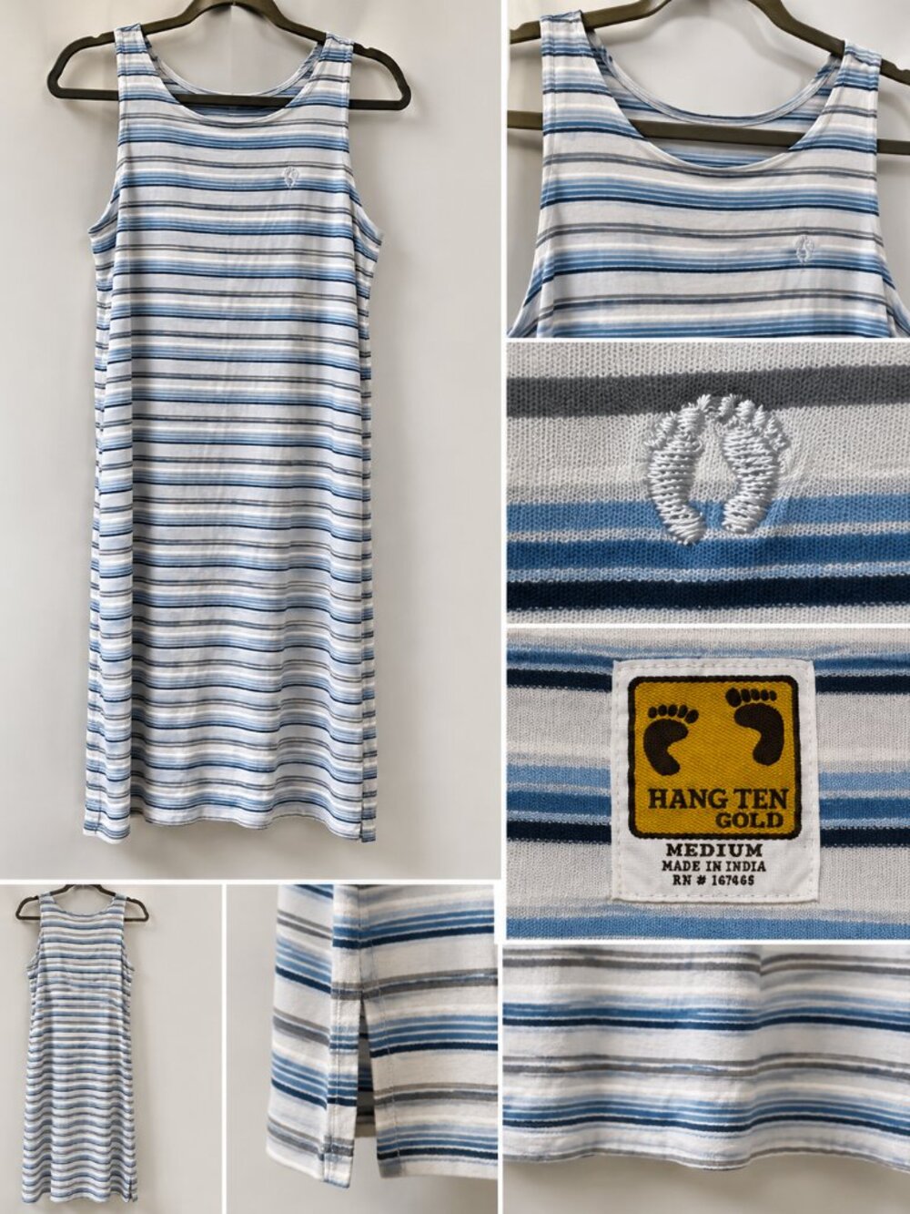 Hang Ten Blue Gray Striped Midi Dress Size M Preppy Y2K Casual